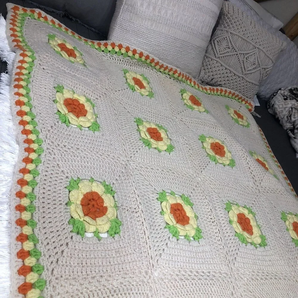 Crochet Afghan Blanket 3D Rose Throw Handmade Granny Square 70s Decor 42” x 68”